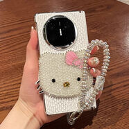 原奘鐳射鑲鉆kt貓適用華為mateX5折疊屏手機殼MateX3鏈條皮質(zhì)Matex6 電鍍銀-中軸磁吸-白色蛇紋+閃鉆kt 榮耀MagicS2