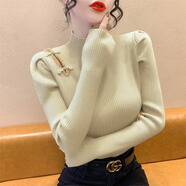 香影芬新中式釘鉆鏤空盤(pán)扣針織衫女秋冬泡泡袖半高領(lǐng)修身打底衫毛衣女潮 杏色 L (建議105-115斤)