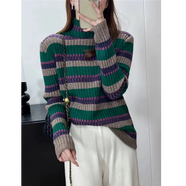 【爆款熱賣(mài)】漸變彩虹秋冬新款綠條紋長(cháng)袖百搭寬松針織套頭毛衣女 綠條紋 L （120-140斤）