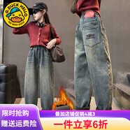 G.DUCKKIDS童裝女童褲子秋冬加絨保暖中大童牛仔褲洋氣繡花時(shí)髦兒童老爹褲 加絨復古藍 150 （建議身高140cm 12-13歲）