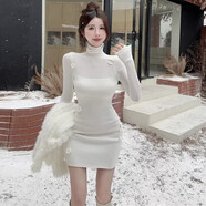 溫柔花朵高領(lǐng)針織連衣裙女秋冬季內搭長(cháng)袖打底裙修身收腰包臀裙子 白色 L  推薦110-120斤