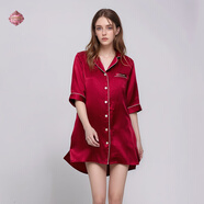 維多利亞宮廷絲綢睡衣真絲襯衫裙中長(cháng)款100%桑蠶絲舒適睡裙女士家居服睡衣 酒紅 L （100-115斤）