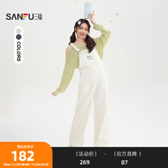 三福連身褲2025秋季蝴蝶結刺繡可調肩帶背帶褲女裝509536 白底藍花 S