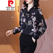 皮爾卡丹雪紡碎花襯衫秋裝女長(cháng)袖2021年時(shí)尚百搭洋氣寬松系帶氣質(zhì)上衣針織 花色 M