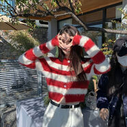 施代柔條紋2025新款爆款開衫毛衣外套女秋冬橫條紋短款別 紅色 M 建議95-105斤穿
