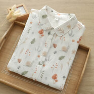 81828清新蘑菇印花雙層棉紗長(cháng)袖襯衫女2025春裝新款休閑顯瘦上衣 白色（蝸牛 M