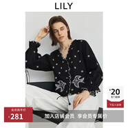 LILY2025秋新款棉麻波嬉風(fēng)花邊設計感波西米亞繡花V領(lǐng)長(cháng)袖襯衫女 510黑 S