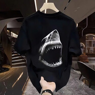 以純（YISHion）t恤潮牌短袖男夏季2025新款ins寬松重磅圓領(lǐng)純棉痞帥上衣體恤 A36-黑-鯊魚白/前后 重磅280g S