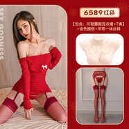 霏慕新年裝一字露胸針織裙性感短裙 紅【可掀露胸連衣裙 T褲】+金色胸鏈+吊帶一體絲襪 均碼