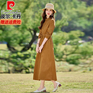 皮爾卡丹（pierre cardin）高檔棕色棉燈芯絨連衣裙女春裝新款系帶收腰氣質(zhì)文藝簡約襯衫裙女 圖片色 2XL