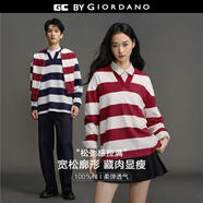 GIORDANO CONCEPTS2025秋冬男女同款純棉刺繡V字翻領(lǐng)長(cháng)袖撞色橫條POLO衫12015001 71軍藍/淡藍 XS