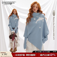 UNIFREE韓系高領(lǐng)毛衣女斗篷式不規則慵懶翻領(lǐng)復古洋氣蝙蝠衫 藍色 L