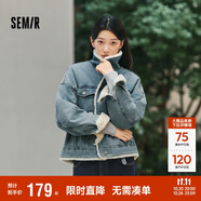 森馬（Semir）牛仔外套女拼接仿兔毛翻領寬松港風冬季落肩夾棉夾克103724108001