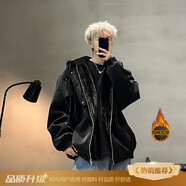 主意范cleanfit座山雕毛領(lǐng)連帽夾克棉服男冬季加厚保暖美式短款棉衣外套 黑色皮面（升級款加絨加厚）90%顧客選擇 L （適合）115-130斤