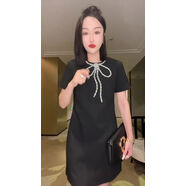 歐洲站重工鑲鉆蝴蝶結短袖連衣裙女夏顯瘦遮肉小香風(fēng)氣質(zhì)名媛裙子 黑色 L L90-105斤