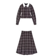小個(gè)子復古辣妹套裝女秋冬Polo領(lǐng)格紋長(cháng)袖外套氣質(zhì)高腰顯瘦百褶裙 拼接長(cháng)袖夾克上衣+百褶長(cháng)裙 兩件套 S  (建議80-90斤)