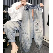 歐洲站寬松秋新款哈倫褲女松緊腰破洞牛仔跨褲高腰復古蘿卜褲九分 復古藍 M _建議90-105斤