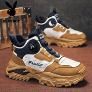 花花公子（PLAYBOY）鞋子男款老爹鞋2025冬季新款皮面男鞋加絨加厚高幫運動(dòng)保暖棉鞋男 土黃 41