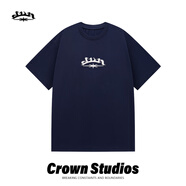 新佐倫26New短袖T恤男新款美式復古王冠標重磅280g純棉潮牌短袖男女同款 黑色 L