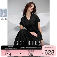 三彩2025春季新款桑蠶絲連衣裙V領(lǐng)提花長(cháng)裙抽繩短袖極簡(jiǎn)S