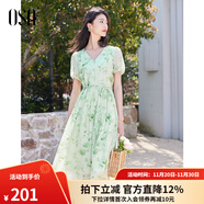 歐莎（OSA）度假風(fēng)海邊度假V領(lǐng)連衣裙子女2025夏新款水墨印花夏日絕美小裙子 綠色 S
