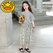 G.DUCKKIDS女童碎花吊帶裙套裝2025新款夏季大童雪紡背帶連衣裙兒童短袖裙子 灰色兩件套 120