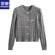 羅蒙（ROMON）韓版圓領(lǐng)麻花泡泡袖針織開(kāi)衫女秋季新款刺繡小熊長(cháng)袖毛衣短款外套 灰色小熊 M (110斤內)