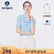 Navigare意大利小帆船短袖針織衫女士夏季顯瘦時(shí)尚條紋POLO衫V領(lǐng)毛衣T恤衫 冰水藍/白 XL 碼