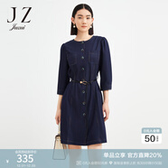 玖姿（JUZUI）仿牛仔連衣裙女裝秋款通勤OL收腰復古泡泡袖裙子 深藍 XS