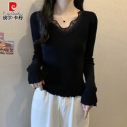 皮爾卡丹（pierre cardin）黑色蕾絲V領(lǐng)針織衫毛衣大碼女裝秋冬新款胖mm內搭打底衫洋氣上衣 黑色針織衫(優(yōu)質(zhì)版)【高級感超好看/歐洲站歐貨/網(wǎng) XL (120-140斤)