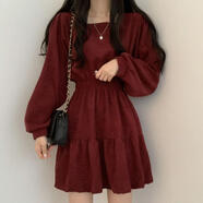 歐美風(fēng)方領(lǐng)顯瘦褶皺韓版少女減齡寬松高腰復古小個(gè)子街拍連衣裙 MYJ1836酒紅色 M