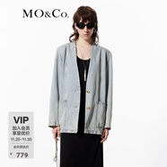 MO&Co.春秋V領(lǐng)無(wú)領(lǐng)廓形懷舊棉質(zhì)牛仔夾克外套摩安珂 牛仔藍色 M 165
