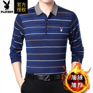 花花公子（PLAYBOY）純棉長(cháng)袖恤中年男士花紅字薄/天鵝絨松翻領(lǐng)休閑針織衫爸爸裝 219藍色  加絨 M 165建議90-120斤