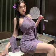 惹火貓（cupidcat）性感情趣內衣 國風旗袍制服誘惑蕾絲包臀短裙R1808紫（不含披肩）
