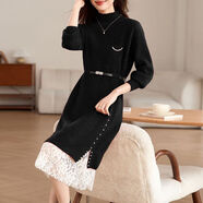 AEMAPE秋冬新款韓版蕾絲針織連衣裙女洋氣減齡本命年紅色毛衣裙大碼內搭 黑色 M