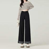 嫻汶胖mm大碼女裝設計感格紋翻邊闊腿牛仔褲女秋冬黑色寬松顯瘦女褲子 黑色高質(zhì)量后帶松緊腰 2XL 2XL建議120斤-150斤