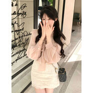 嫻汶miu系千金感氣質(zhì)穿搭一整套粉色長(cháng)袖襯衫蕾絲半身裙兩件套小個(gè)子 杏粉襯衫+米杏短裙 S S