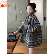 乖米豆流行新款西裝外套女秋冬2025寬松小個(gè)子格子粗花呢中長(cháng)款加厚毛呢 咖色 L