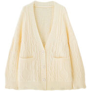 慵懶風(fēng)毛衣外套女開(kāi)衫寬松外穿中長(cháng)款粗線(xiàn)麻花針織上衣毛衣女秋冬 米白色 均碼 均碼
