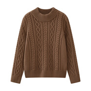 100%純棉半高領(lǐng)毛衣女粗針秋冬復古麻花全棉線(xiàn)加厚內搭針織打底衫 咖啡色 M 建議85-115斤