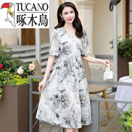 啄木鳥(niǎo)（TUCANO）夏季新款連衣裙2025年中長(cháng)款收腰顯瘦短袖印花中國風(fēng)碎花裙子 花色-荷花 M 85-105斤