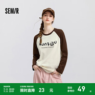 森馬長(cháng)袖T恤女中長(cháng)款印花插肩袖拼色春裝趣味寬松圖案打底衫小眾 白咖色調00315 S