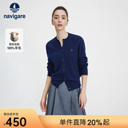 Navigare意大利小帆船毛衣外套女士秋冬款純羊毛圓領(lǐng)羊毛衫氣質(zhì)針織開(kāi)衫 藏青 L