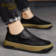 鱷魚(yú)恤無(wú)鞋帶男鞋2026年新款冬季休閑板鞋一腳蹬真皮皮鞋樂(lè )福百搭豆豆鞋 黑色 41