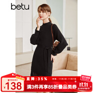 betu百圖女裝網紗拼接小高領木耳邊燈籠袖針織連衣裙女2110T69 黑色 M