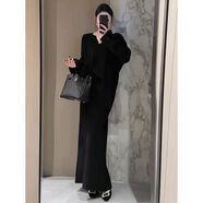 紅色v領(lǐng)針織套裝裙女秋冬新款韓版寬松高級感高腰半身長(cháng)裙兩件套 黑色兩件套 XL (建議135-145斤）