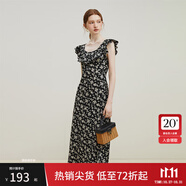 范思藍(lán)恩23FS12695韓系荷葉邊減齡連衣裙女夏季新款吊帶裙子 黑底碎花 L