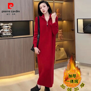 皮爾卡丹（pierre cardin）秋冬韓版中長(cháng)款一體絨毛衣裙連衣裙寬松直筒拉鏈領(lǐng)加絨打底針織衫 酒紅色 一體絨 XL