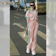 夏典素訂女王（SE.PSTP）粉色休閑運動(dòng)風(fēng)兩件套女春季新款韓版拉鏈連帽衛衣外套闊腿褲套裝 粉色 XL