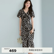 伊芙麗（eifini）蔣欣代言花邊嵌邊裝飾A擺肌理底布碎花連衣裙女2025新款裙子 水墨黑 M 105-115斤